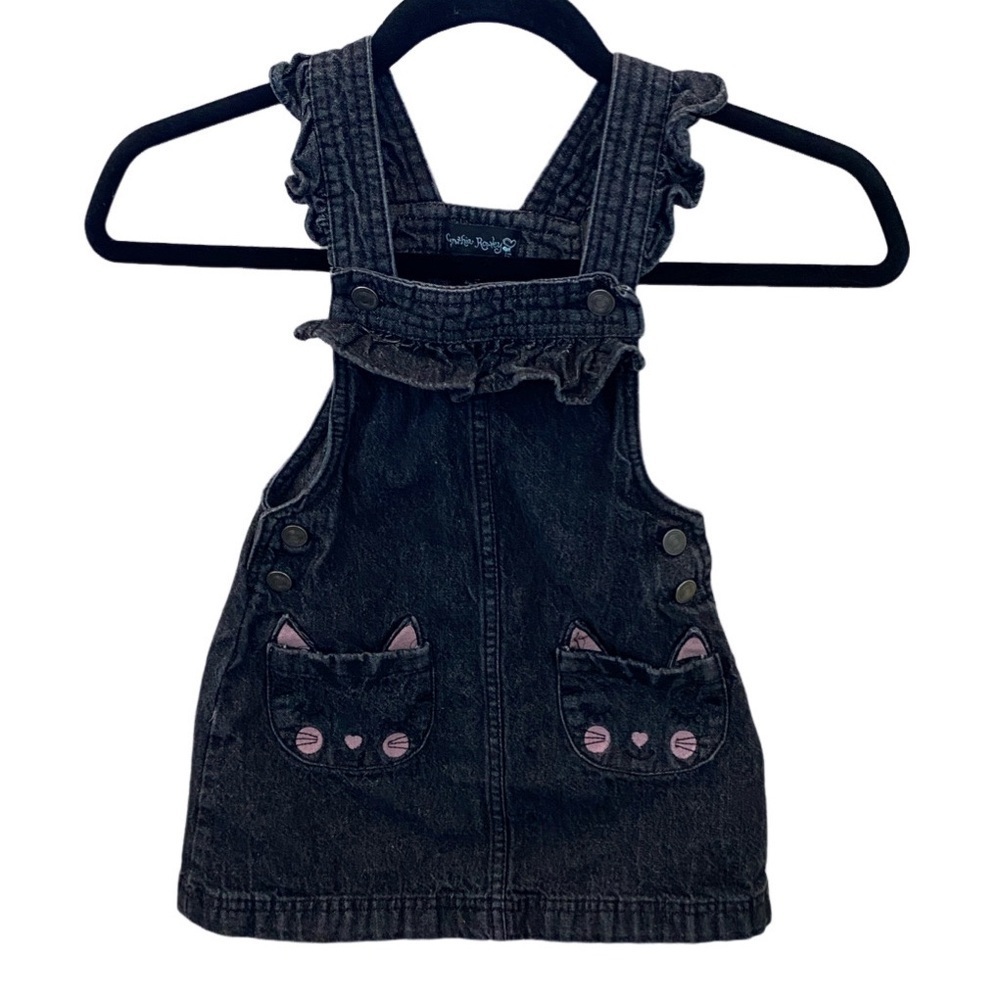 Cynthia Rowley Black Denim Kitty Pockets Skirtails Overalls Dress. Size 3T.
